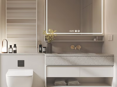 Modern Bathroom Vanity Cabinet with Lighted Mirror Stone Countertop and Decorative Toiletries 3d model