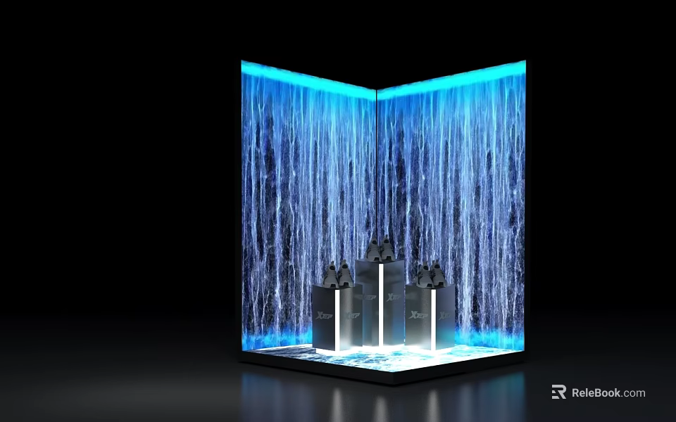 Modern Waterfall Display With Blue Lighting And Decorative Glass Bottles 3d model 
