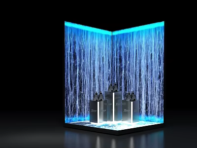 Modern Waterfall Display With Blue Lighting And Decorative Glass Bottles 3d model