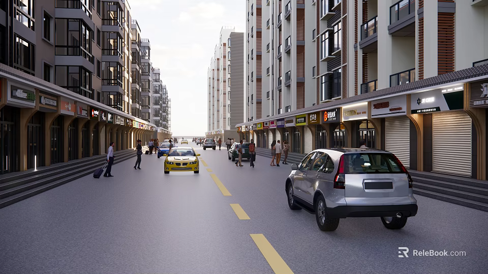 Vibrant Commercial Street With High Rise Buildings Vehicles Pedestrians And Shops 3d model 