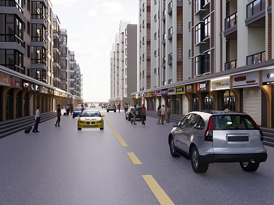 Vibrant Commercial Street With High Rise Buildings Vehicles Pedestrians And Shops 3d model
