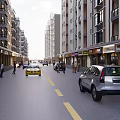 Vibrant Commercial Street With High Rise Buildings Vehicles Pedestrians And Shops