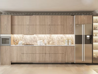Modern Kitchen With Wooden Cabinets Marble Countertop Stainless Steel Refrigerator Oven And Kitchen Essentials 3d model
