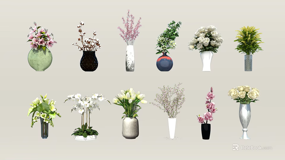Elegant Decorative Vases with Assorted Fresh Flowers for Home Interior Decoration 3d model 
