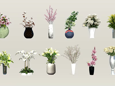 Elegant Decorative Vases with Assorted Fresh Flowers for Home Interior Decoration 3d model