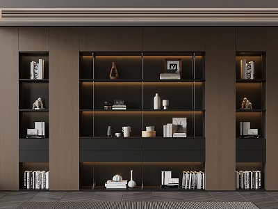 Modern Wooden Bookshelf Display Cabinet With Books Decorative Items And Lighting 3d model
