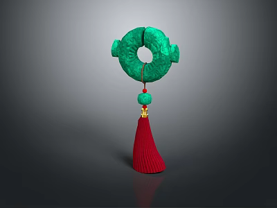 Green Jade Circular Jewelry Pendant With Small Beads Red Tassel And Golden Decoration 3d model