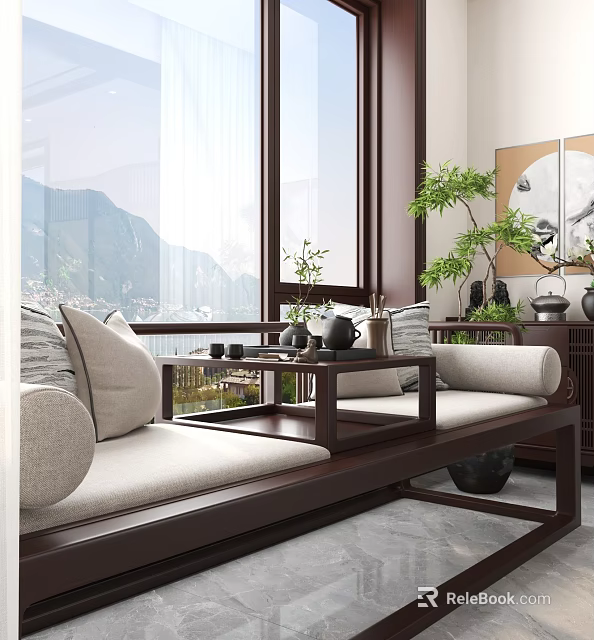 Chinese Style Interior With Bench Pillows Tea Table Potted Plants And Mountain View 3d model 