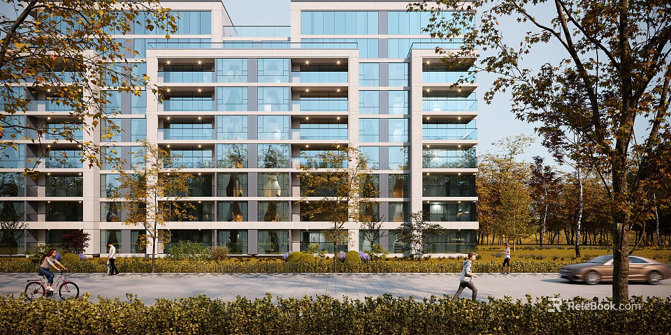 Modern Residential Building Exterior Design With Glass Windows And Surrounding Trees Pedestrians 3d model 