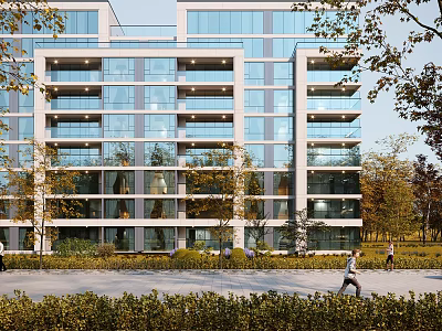 Modern Residential Building Exterior Design With Glass Windows And Surrounding Trees Pedestrians 3d model