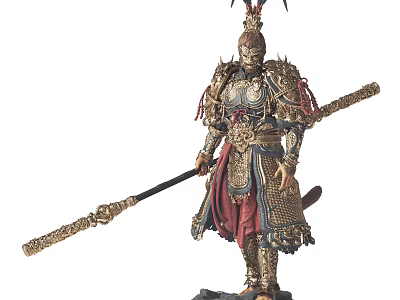Intricate Standing Armored Warrior Sculpture With Long Staff And Ornate Details 3d model