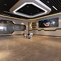 Modern Exhibition Hall Interior Featuring Ceiling Decoration Built-in Shelves Large VR Screen And White Chairs