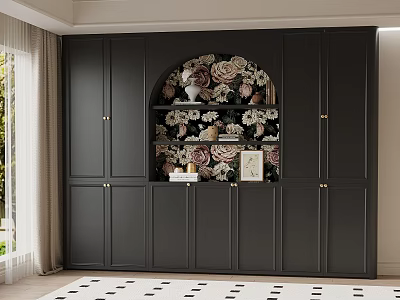 Stylish Black Full Wall Bookcase With Arched Open Shelves And Vintage Floral Backdrop Decor 3d model
