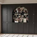 Stylish Black Full Wall Bookcase With Arched Open Shelves And Vintage Floral Backdrop Decor