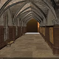 Historic Arched Corridor Architecture With Stone Vaults Wooden Panels And Bench