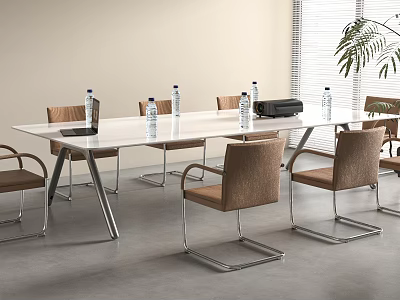 Modern White Conference Table With Brown Chairs Water Bottles And Projector Near Window 3d model