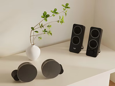 Minimalist Shelf Display With White Vase Green Plant Black Speakers Gray Items 3d model