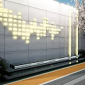 Modern Feature Wall With Lighted Square Patterns Cherry Blossom Tree And Person Walking On Paved Ground 3d model