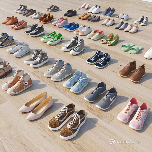 Different Styles Of Shoes Displayed On Wooden Floor 3d model 