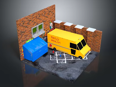 Outdoor Scene With Yellow Taco Mole Truck Brick Wall Blue Tarp Chalk Lines On Ground 3d model