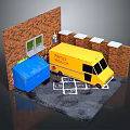 Outdoor Scene With Yellow Taco Mole Truck Brick Wall Blue Tarp Chalk Lines On Ground