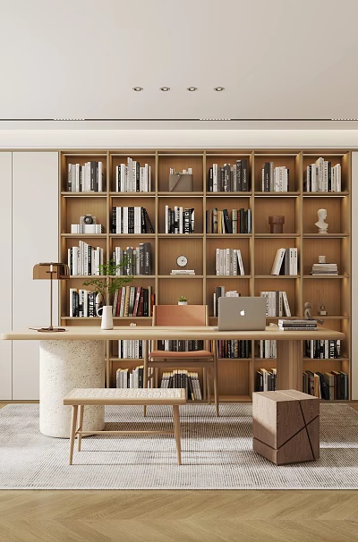 Modern Minimalist Study Room With Bookshelves Desk Laptop And Natural Light 3d model