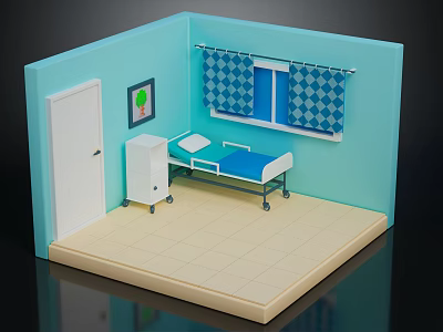 Miniature Bedroom Interior With Blue Walls Bed Blue Sheets White Cabinet Window And Checkered Curtains 3d model