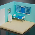 Miniature Bedroom Interior With Blue Walls Bed Blue Sheets White Cabinet Window And Checkered Curtains