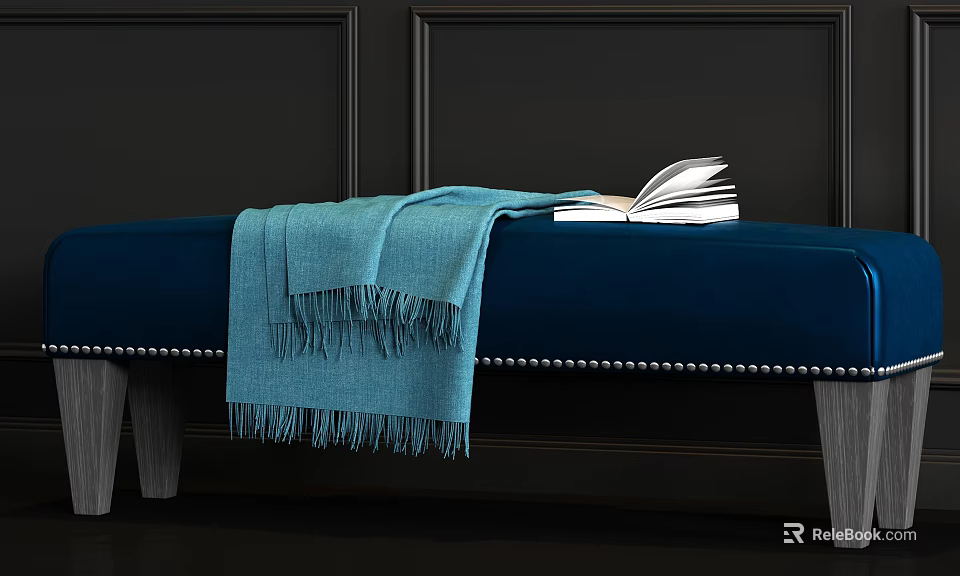 Navy Blue Velvet Sofa Bench With Light Blue Blanket And Open Book On Dark Wall 3d model 