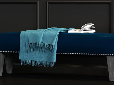 Navy Blue Velvet Sofa Bench With Light Blue Blanket And Open Book On Dark Wall 3d model