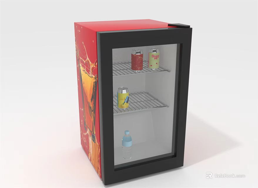 Upright Display Shelf Featuring Glass Door Red Black Exterior and Inner Shelves for Beverages 3d model 