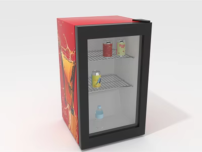 Upright Display Shelf Featuring Glass Door Red Black Exterior and Inner Shelves for Beverages 3d model