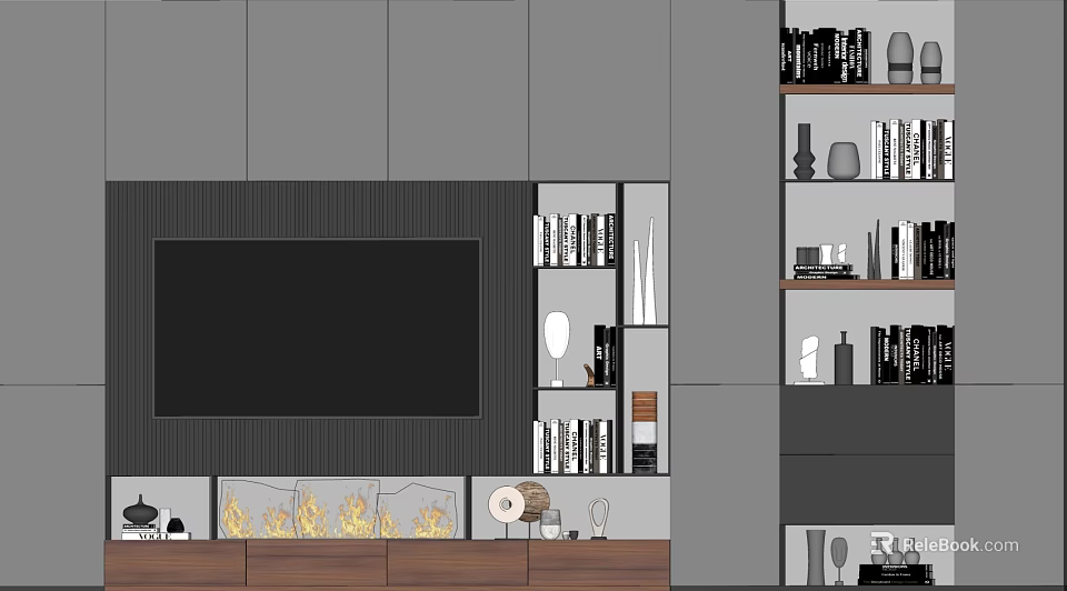 Modern TV Wall Design With Gray Panel Storage Shelves And Decorative Items 3d model