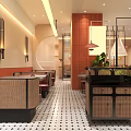 Modern Restaurant Interior With Wall Art Booth Seating Long Tables And Tile Floor