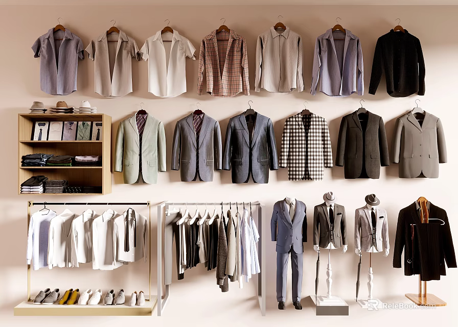 Stylish Clothes Displayed On Racks And Hangers With Shirts Suits Coats And Mannequins 3d model 