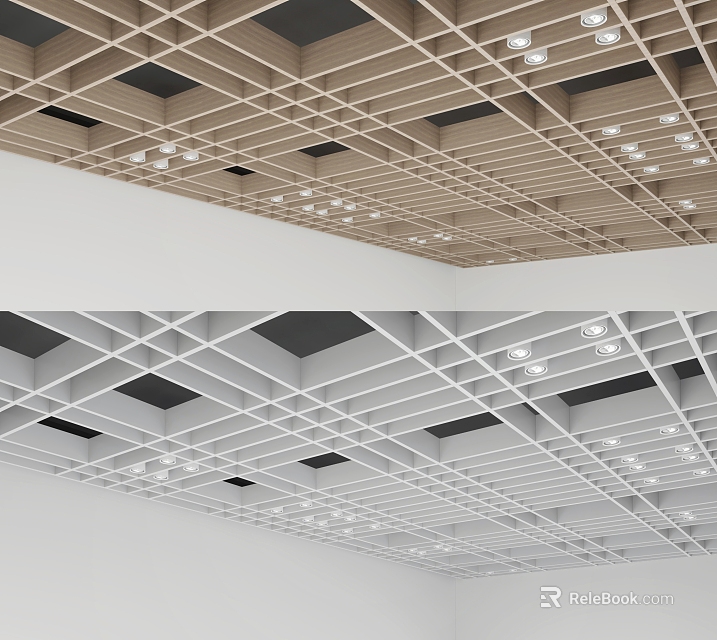 Modern Grid Ceiling Designs With Recessed Lighting In Two Styles 3d model 