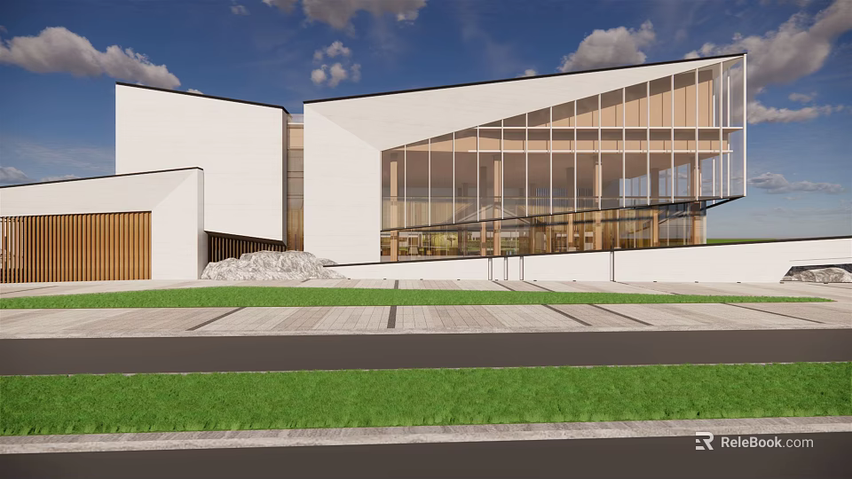 Modern Sales Office Building With Glass Facade White Walls Wooden Elements And Lawn Area 3d model 