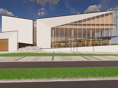 Modern Sales Office Building With Glass Facade White Walls Wooden Elements And Lawn Area 3d model