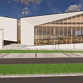 Modern Sales Office Building With Glass Facade White Walls Wooden Elements And Lawn Area
