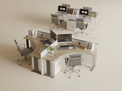Modern Office Workstations With Computer Monitors Office Chairs File Holders And Potted Plants 3d model