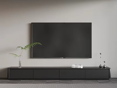 Modern Black TV Stand With Large TV Green Plant And Decorative Drawers 3d model