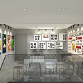 Modern Industrial Restaurant Interior with Metal Tables Stools Menu Boards and Food Images on Walls
