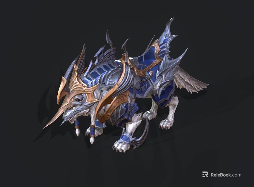 Game Movie Character With Blue Gold Spiked Armor And Fantasy Creature Design 3d model 