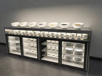 Modern Organized Sideboard With White Bowls Of Food And Glass Doors Holding Cups And Plates 3d model