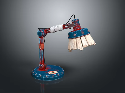 Retro Game Character Lamp with Blue Red Metallic Body Adjustable Arm and Striped Shade 3d model