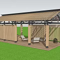 Wooden Outdoor Pergola with Thatch Roof in Grassland Featuring Leisure Area and Surrounding Trees