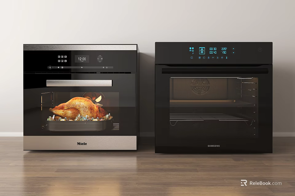 Two Modern Kitchen Ovens As Stylish Cooking Appliances With Roast Chicken Inside 3d model 