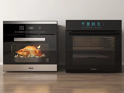 Two Modern Kitchen Ovens As Stylish Cooking Appliances With Roast Chicken Inside 3d model