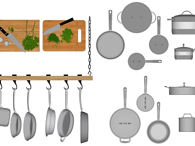 Essential Kitchen Cooking Utensils Including Hanging Pans Knives And Cutting Board With Herbs 3d model