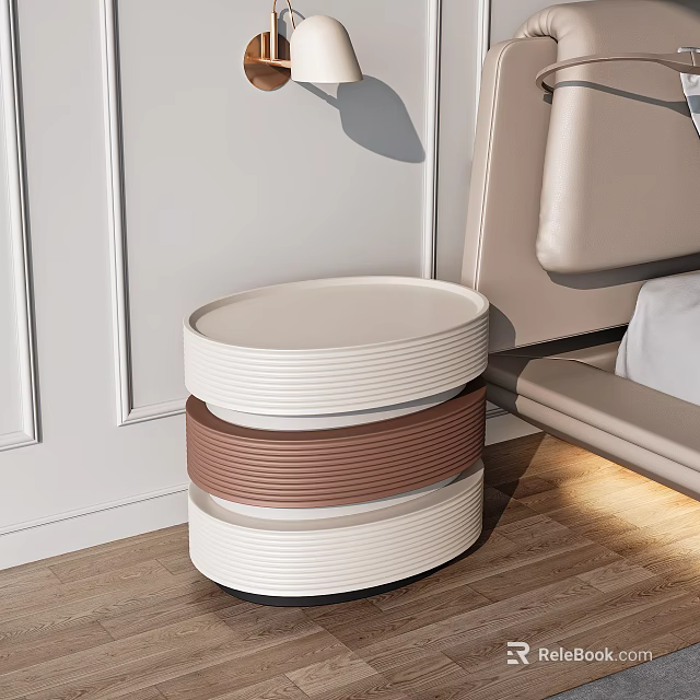 Round Modern Minimalist Bedroom Bedside Table With White And Brown Stacked Design 3d model